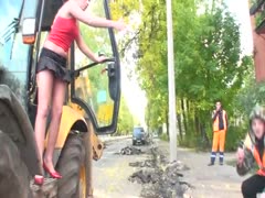 Busty and agreeable juvenile blond BBC slut flashes goodies on the construction site